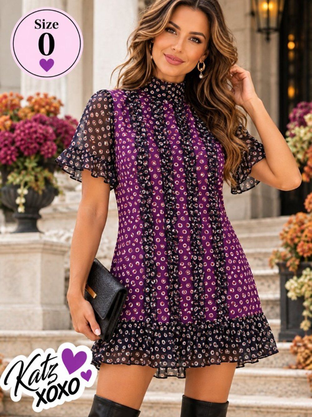 Diane von Furstenberg Sebina Dress 0 Wool Silk Purple Ruffle Shift DVF Designer